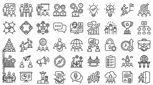 A large collection of thin line icons depicts various concepts related to business operations, teamwork, and strategy planning.