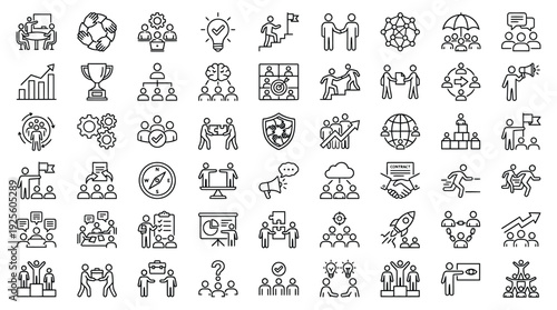 A large array of editable stroke line icons depicts diverse concepts associated with teamwork, collaboration, leadership, and organizational structure.