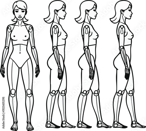 A female character with robotic limbs in four different poses Vector