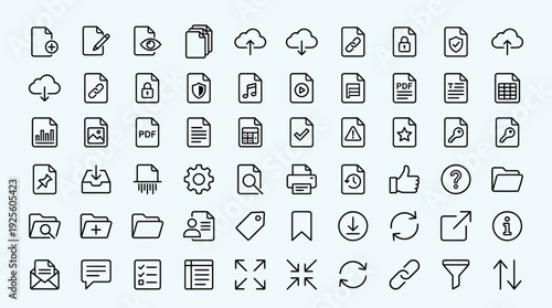 A collection of forty-eight black and white line icons represents various document management and file operations for user interfaces.