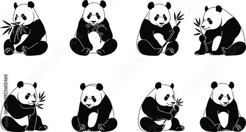 Panda silhouette collection, cute animal vector set, bamboo eating panda illustration, wildlife art design, black white panda poses concept