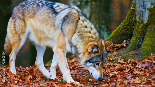 A majestic wolf in a forest, its gaze directed forward amidst fall foliage and mossy trees
