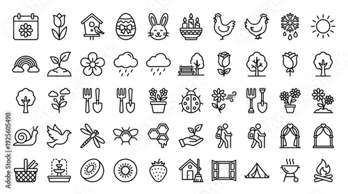 A collection of monochrome outline icons represents various elements associated with springtime and garden activities.
