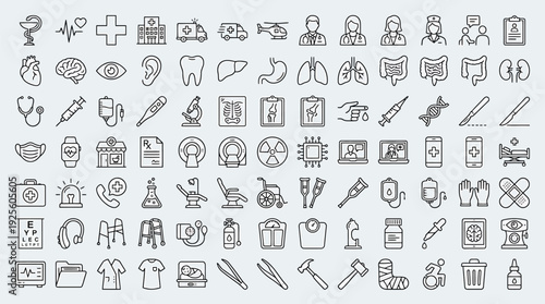 A large collection of minimalist outline icons representing various medical and healthcare concepts is displayed on a light background.