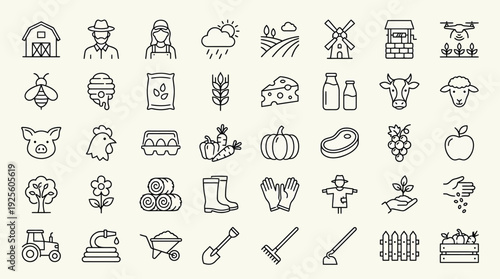 A detailed set of outline icons shows various elements associated with agriculture, farming, livestock, and rural production activities.