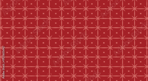 Red patterned background featuring a grid of star-like motifs and small squares. The design conveys a sense of symmetry and elegance.