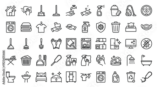 An extensive set of monochrome line icons depicts objects and activities associated with house cleaning, hygiene, and home care routines.