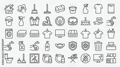 A comprehensive set of thin line icons illustrates numerous household cleaning and sanitation tasks for domestic maintenance.