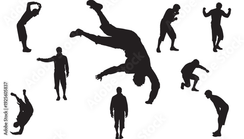People parkour silhouette set with jumping, flipping, landing and standing male figures in dynamic poses, black cutout collection isolated on white background
