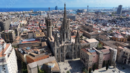 Cathedral Of Barcelona In Barcelona Catalonia Spain. Stunning Baroque Church Contrasts With The Landscape . Metropolitan Skyline Panoramic City View Stunning. Metropolitan Architecture Business.