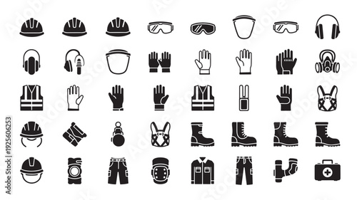 A collection of black and white icons representing various work equipment and protective gear displayed in a grid arrangement