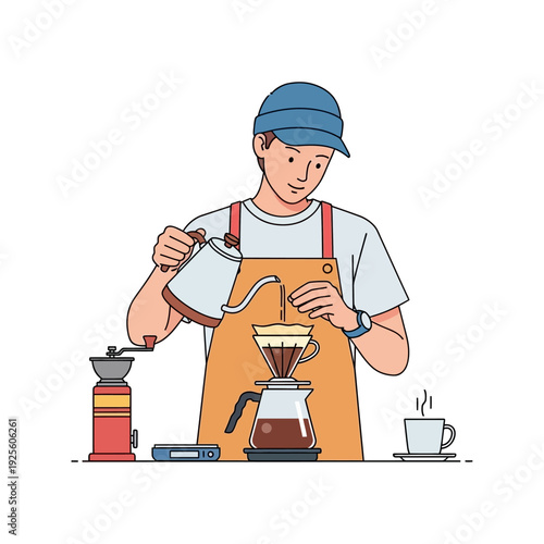 Barista making pour over coffee, manual brewing process, coffee shop, fresh coffee, hipster lifestyle