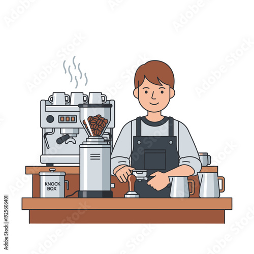 Barista preparing coffee with espresso machine and grinder at cafe counter