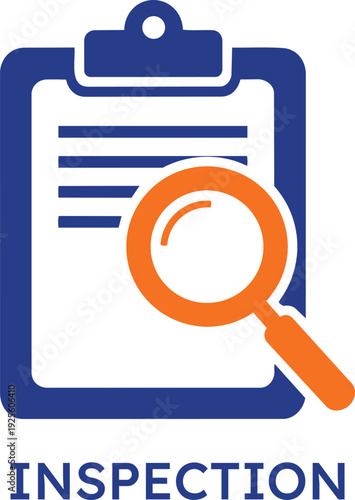 Professional inspection icon featuring an orange magnifying glass over a blue clipboard symbolizing quality control compliance review assessment auditing document verification and detailed business pr