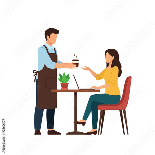 Barista serving coffee to woman working on laptop at cafe table