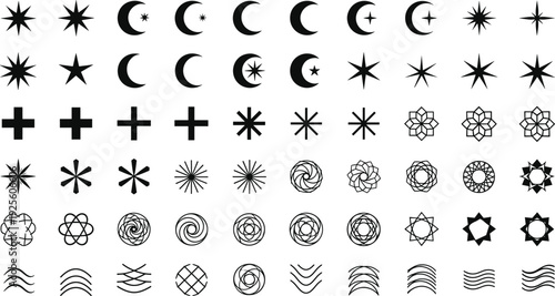 Celestial and Geometric Symbol Set Featuring Moon Crescents, Stars, Sunbursts, Mandalas, Floral Ornaments, and Minimalist Waves for Mystic and Modern Graphic Design