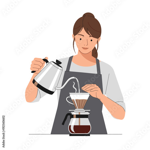 Woman making pour over coffee with kettle and filter, close up, brewing coffee at home