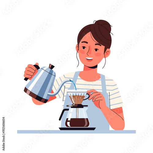 Woman making pour over coffee, brewing specialty coffee at home with kettle and filter