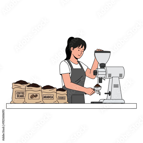 Barista Grinding Coffee Beans with Grinder and Bags of Coffee