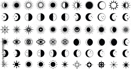 Celestial Mystic Symbol Set Featuring Moon Phases, Sunbursts, Magic Eye Ornaments, Stars, and Astrological Signs for Spiritual and Esoteric Graphic Design