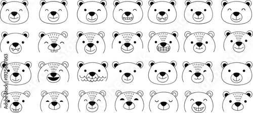 Cute Bear Face Illustration Set Featuring Various Expressions Including Happy, Sad, Winking, and Sleeping Emoji Styles for Kids and Nursery Design
