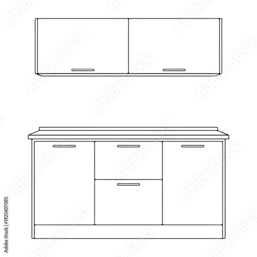 Modern Kitchen Cabinetry Outline Drawing with Upper and Lower Units