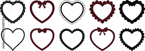 Decorative heart frame vector collection featuring various lace borders scalloped edges and ribbon bow details for romantic wedding invitation designs.