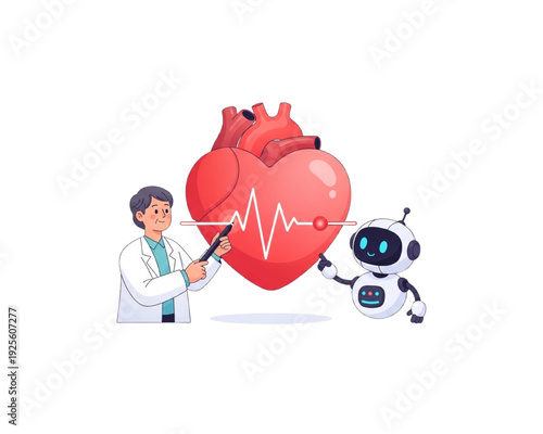 Flat Vector Cardiologist Examining Heart with ECG Line and AI Robot Assistant, Cardiology Healthcare Technology, Medical Diagnosis, Digital Medicine Illustration