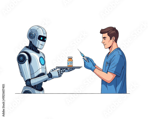 Flat Vector Humanoid Robot Assistant Delivering Vaccine Vial to Doctor with Syringe, AI Healthcare Vaccination and Immunization Concept, Isolated Illustration