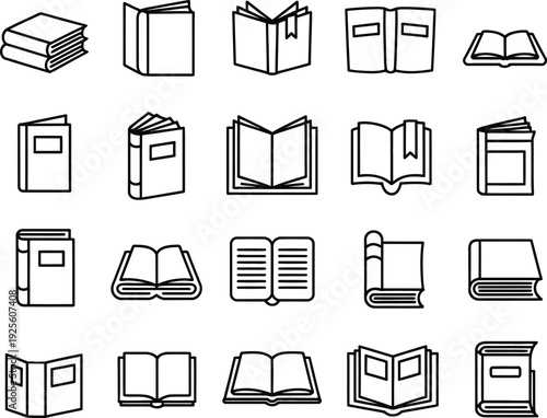Comprehensive set of outline book icons featuring various positions open closed stacked and textbooks for education and library design projects.