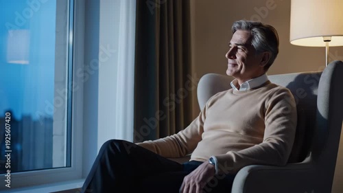 Thoughtful marketer in cozy office chair reflecting by window with soft light. Marketer office features serene environment with soft tones and modern design.