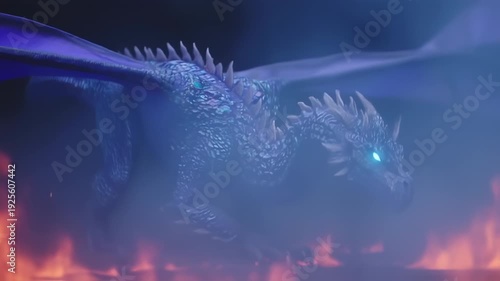 A majestic, bluish dragon in flight, with glowing eyes, surrounded by mist and fire