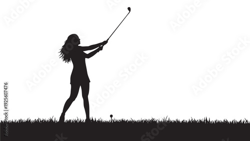 Golfer woman silhouette swinging club on grassy tee box with ball, minimal black vector style isolated on white background, sport action pose with copy space