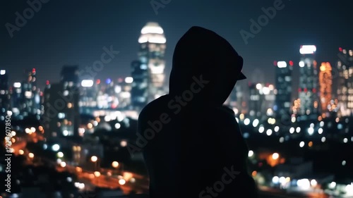 A silhouetted figure, hood up, gazes at a cityscape at night. Illuminated buildings dot the blurry backdrop