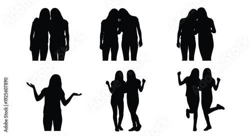 Collection of diverse female friendship and togetherness silhouette vector graphic illustrations set