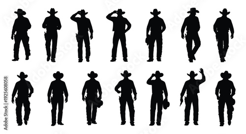 Collection of twelve distinct black silhouette vector illustrations depicting various poses of cowboys