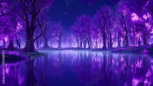 A serene, misty scene of a purple forest and its reflection on a tranquil lake