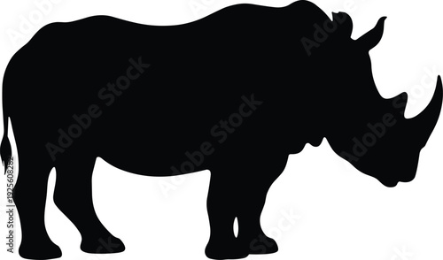 Black vector silhouette of a large rhinoceros standing in profile for African safari wildlife nature conservation zoo education and environmental protection design concepts