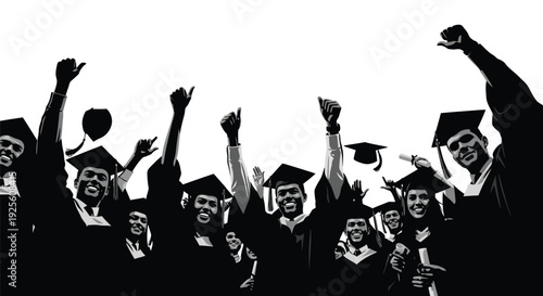 Happy diverse graduates cheering with raised hands and thrown caps celebrating their academic success vector illustration.