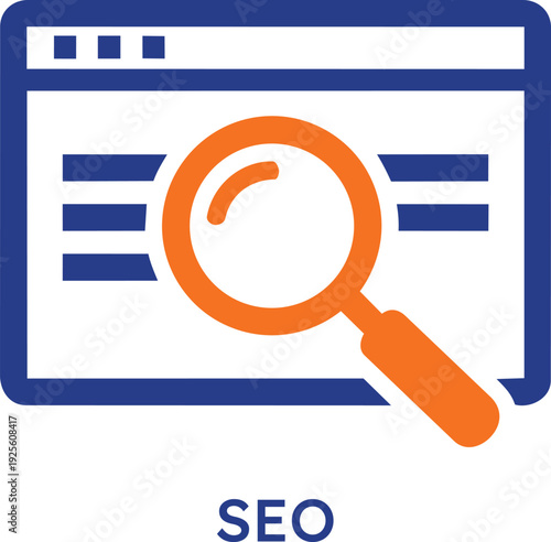 Search engine optimization icon featuring a bright orange magnifying glass over a blue website browser window representing digital marketing strategy keyword research and online visibility growth
