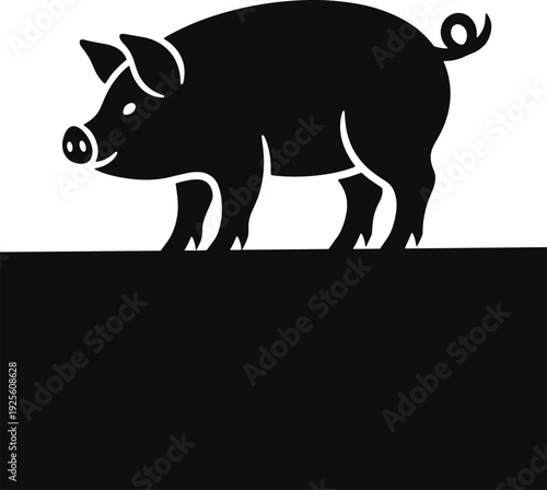 Black vector silhouette of a pig standing on a rectangular base with a curly tail and pointed ears for farm animal livestock and butchery
