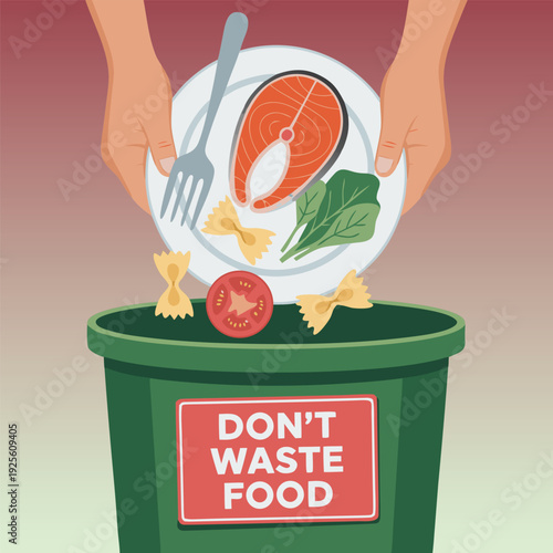 Dont waste food poster. Hands throwing away food from plate into garbage bin. International Day of Awareness of Food Loss and Waste, leftover disposal, recycling concept banner vector illustration