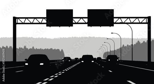 Minimalist black and white vector illustration of traffic moving beneath large overhead highway information signs