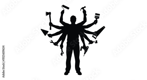 Versatile handyman vector graphic illustration showing a person with multiple arms holding diverse tools for construction and repair.