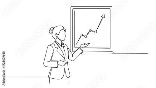 Continuous Line Woman Presenting Graph Board Business Presentation Illustration
