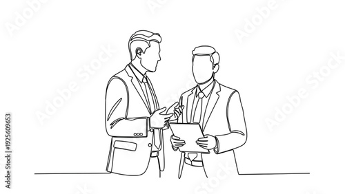 Continuous line two businessmen discussion collaboration illustration