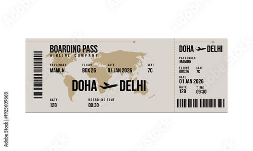 Airline boarding pass ticket for Doha to Delhi flight