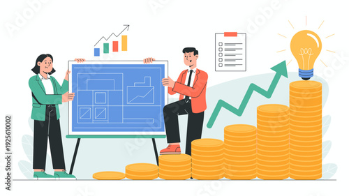 Business professionals reviewing financial blueprint with stacked coins and rising growth chart vector illustration