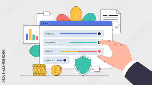 Business team planning budget allocation with financial board divided into marketing, operations, salaries and savings vector illustration