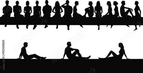 People sitting silhouettes collection, men and women seated in various poses, black and white vector illustration set isolated on white background